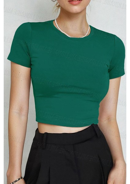 Kadın Bntn Yeşili Bisiklet Yaka Likralı Kısa Kol Body Crop Bluz