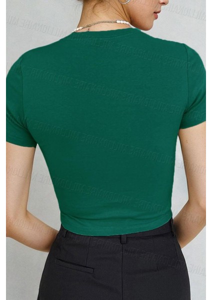 Kadın Bntn Yeşili Bisiklet Yaka Likralı Kısa Kol Body Crop Bluz fiyatları
