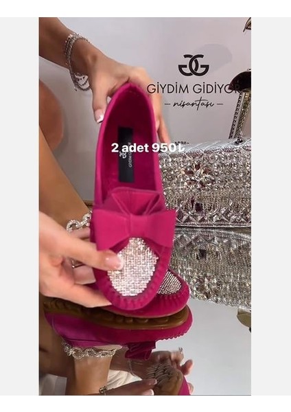 Zaza Kristal Taşlı Süet Babet Pembe