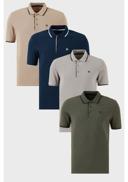 Pamuklu Slim Fit Şerit Detaylı Düğmeli Polo Yaka 4'lü T Shirt Erkek T Shirt 5902118S4