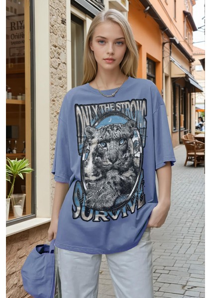 Kadın Mavi Survive Oversize Fit Bol Geniş Kalıp Salaş Kesim T-Shirt
