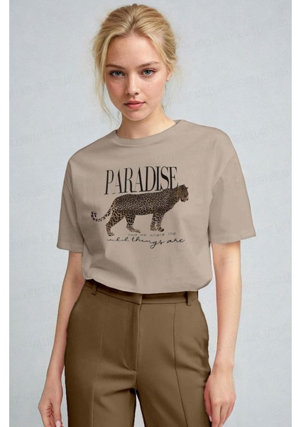 Kadın Camel Paradise Leopar Kadın Kısa Kol Relax Fit Rahat Kesim Regular T-Shirt