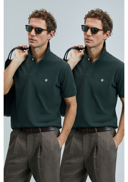 Logolu Pamuklu Comfort Fit Düğmeli Polo Yaka 2'li T Shirt Erkek T Shirt 111040206S2
