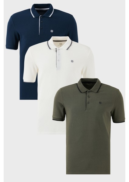 Pamuklu Slim Fit Şerit Detaylı Düğmeli Polo Yaka 3'lü T Shirt Erkek T Shirt 5902118S3