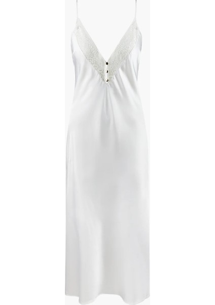 Midnight Whisper Uzun Saten Gecelik Derin V Yaka Dantel Detaylı Zarif Gece Elbisesi