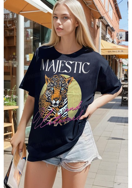 Kadın Lacivert Majestic Oversize Fit Bol Geniş Kalıp Salaş Kesim T-Shirt