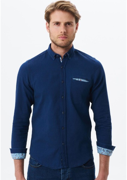 Erkek Denim Jean Slim Fit / Dar Kesim Kot Dokuma Gömlek K9GKD1070