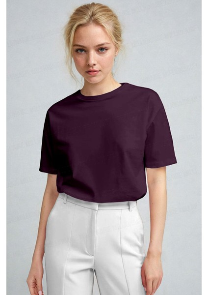 Kadın Mürdüm Nefes Alan Bisiklet Yaka Regular Fit Normal Kesim Baskisiz Basic T-Shirt