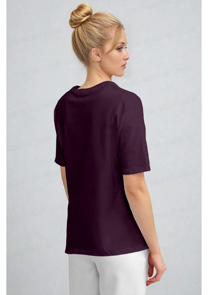 Kadın Mürdüm Nefes Alan Bisiklet Yaka Regular Fit Normal Kesim Baskisiz Basic T-Shirt modelleri