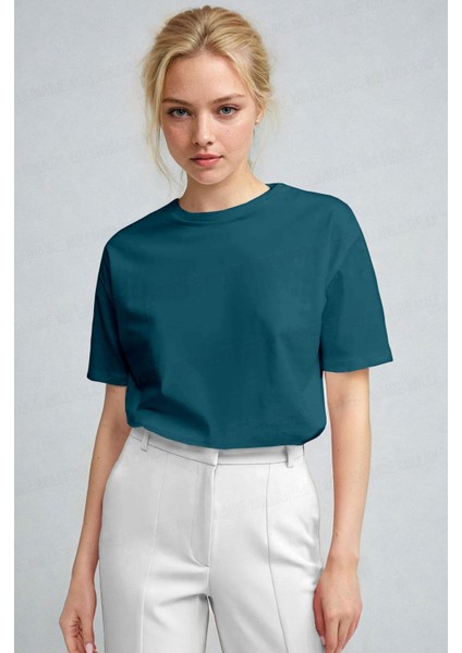 Kadın Petrol Mavisi Nefes Alan Bisiklet Yaka Regular Fit Normal Kesim Baskisiz Basic T-Shirt