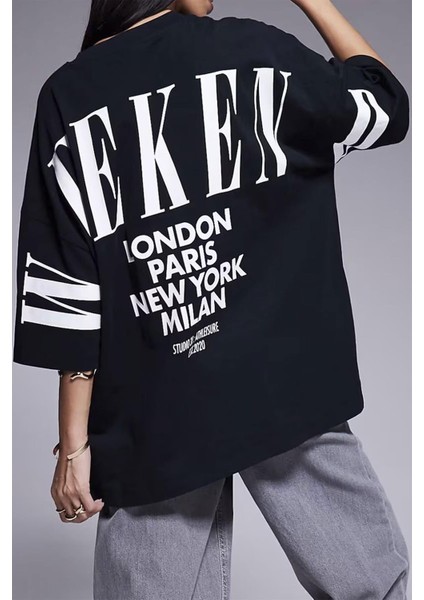 Kadın Siyah Weekend Oversize Fit Bol Geniş Kalıp Salaş Kesim T-Shirt