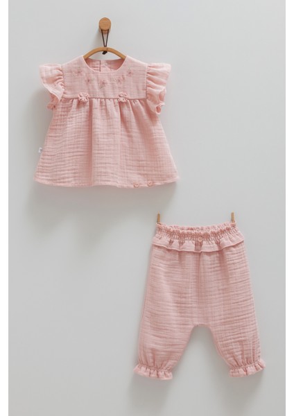 Nakışlı Fırfırlı Müslin Tshirt Pantolon Takım
