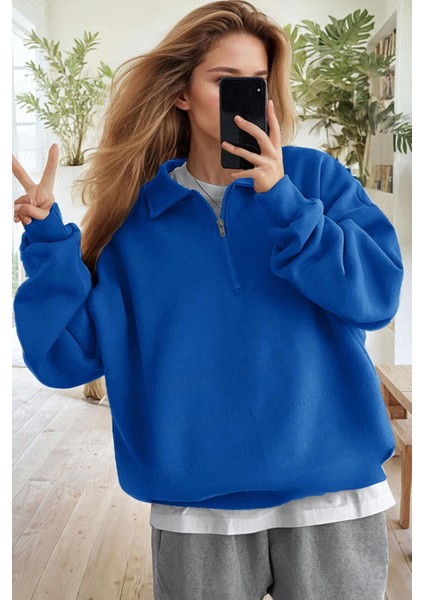 Kadın Mavi Yarım Fermuar Polo Yaka 3 Iplik Içi Polarlı Şardonlu Oversize Sweatshirt