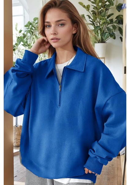 Kadın Mavi Yarım Fermuar Polo Yaka 3 Iplik Içi Polarlı Şardonlu Oversize Sweatshirt fiyatları