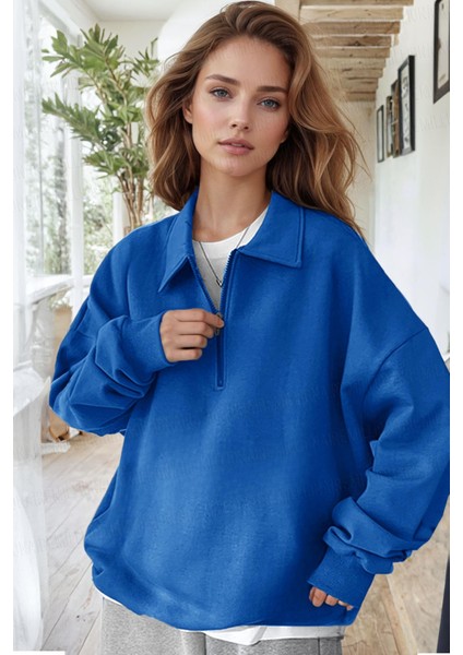Kadın Mavi Yarım Fermuar Polo Yaka 3 Iplik Içi Polarlı Şardonlu Oversize Sweatshirt modelleri