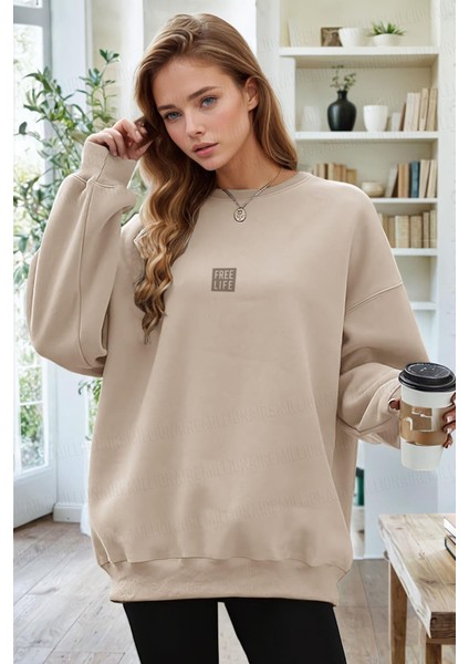 Kadın Taş Free Life Baskılı Kalın Soft 3 Iplik Içi Şardonlu 0 Sıfır Yaka Oversize Salaş Sweatshirt