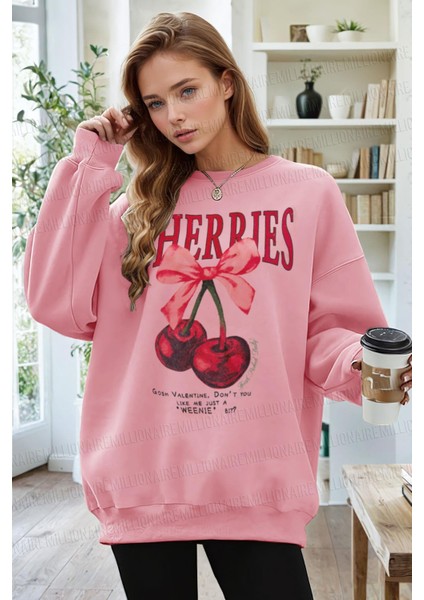 Kadın Pembe Cherries Baskılı 0 Sıfır Yaka Oversize Salaş Bol Kesim Polar Sweatshirt