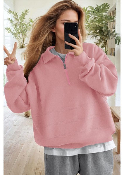 Kadın Pembe Yarım Fermuar Polo Yaka 3 Iplik Içi Polarlı Şardonlu Oversize Sweatshirt