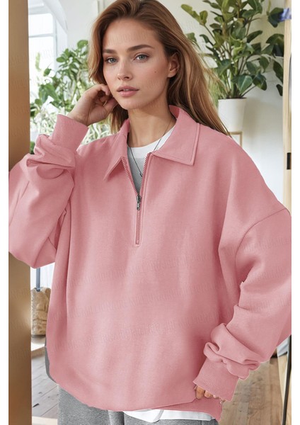 Kadın Pembe Yarım Fermuar Polo Yaka 3 Iplik Içi Polarlı Şardonlu Oversize Sweatshirt fiyatları