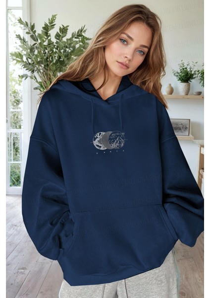 Kadın Lacivert Earth 3 Iplik Şardonlu Kapüşonlu Kanguru Cepli Oversize Salaş Hoodie Sweatshirt