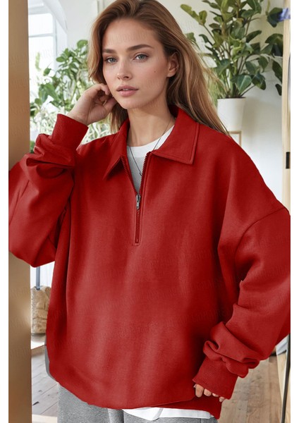 Kadın Kırmızı Yarım Fermuar Polo Yaka 3 Iplik Içi Polarlı Şardonlu Oversize Sweatshirt fiyatları