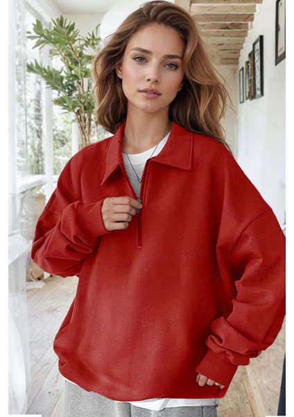 Kadın Kırmızı Yarım Fermuar Polo Yaka 3 Iplik Içi Polarlı Şardonlu Oversize Sweatshirt modelleri