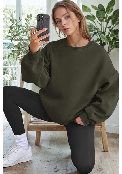 Kadın Haki Yeşili Basic 0 Sıfır Yaka Baskısız Düz Oversize Salaş Bol Kesim Polar Sweatshirt