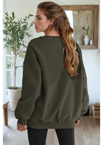 Kadın Haki Yeşili Basic 0 Sıfır Yaka Baskısız Düz Oversize Salaş Bol Kesim Polar Sweatshirt modelleri