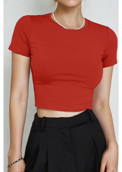 Kadın Kırmızı Bisiklet Yaka Likralı Kısa Kol Body Crop Bluz