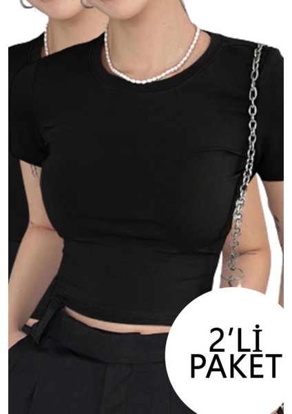2'li Kısa Kol Kadın Siyah Bisiklet Yaka Likralı Body Crop Bluz