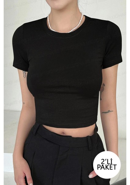 2'li Kısa Kol Kadın Siyah Bisiklet Yaka Likralı Body Crop Bluz modelleri