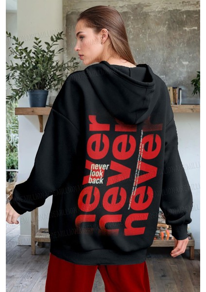 Kadın Siyah Never Baskılı Kapüşonlu 3 Üç Iplik Polar Kanguru Cepli Oversize Sweatshirt Hoodie