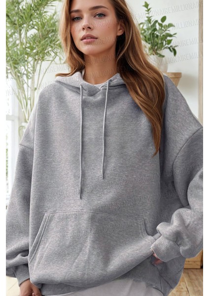 Kadın Gri Düz Kapüşonlu Oversize 3 Iplik Şardonlu Salaş Bol Kesim Hoodie Sweatshirt
