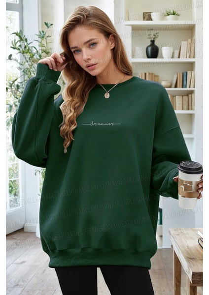Kadın Nefti Dreamer Baskılı 0 Sıfır Yaka Oversize Salaş Bol Kesim Polar Sweatshirt