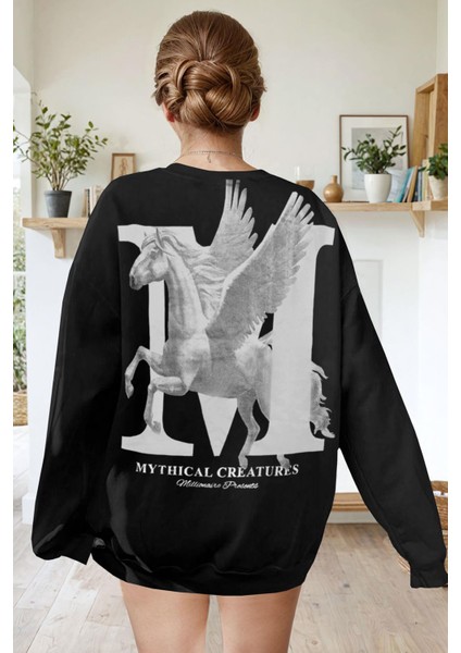 Kadın Siyah Mythical Baskılı Kalın Soft 3 Iplik Içi Şardonlu 0 Sıfır Yaka Oversize Salaş Sweatshirt