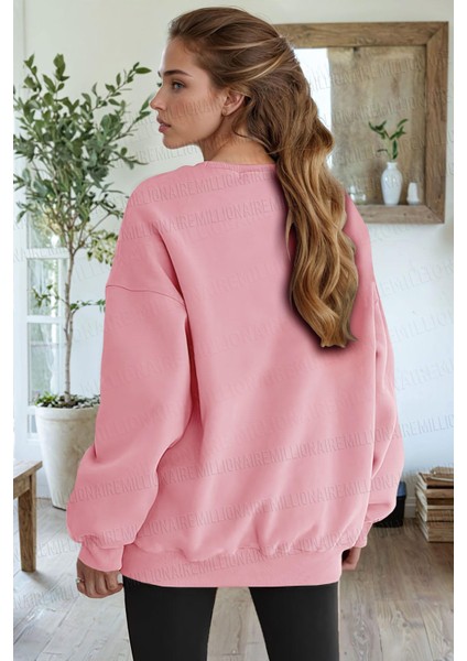 Kadın Pembe Free Life Baskılı Kalın Soft 3 Iplik Içi Şardonlu 0 Sıfır Yaka Oversize Salaş Sweatshirt