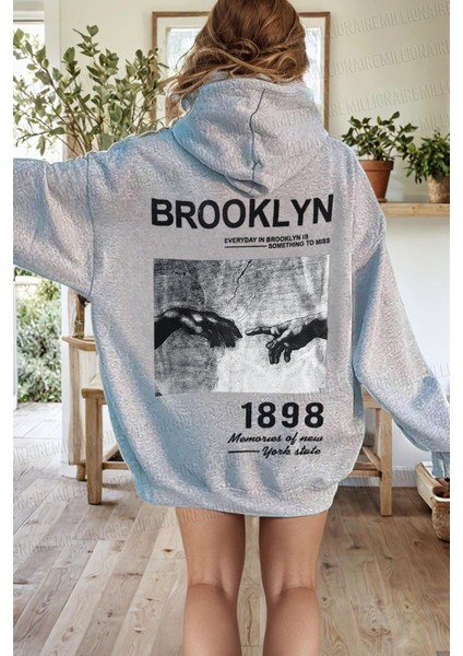 Kadın Gri 1898 Baskılı Kapüşonlu Oversize 3 Iplik Şardonlu Salaş Bol Kesim Hoodie Sweatshirt