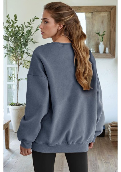 Kadın Petrol Füme Basic 0 Sıfır Yaka Baskısız Düz Oversize Salaş Bol Kesim Polar Sweatshirt fırsatları