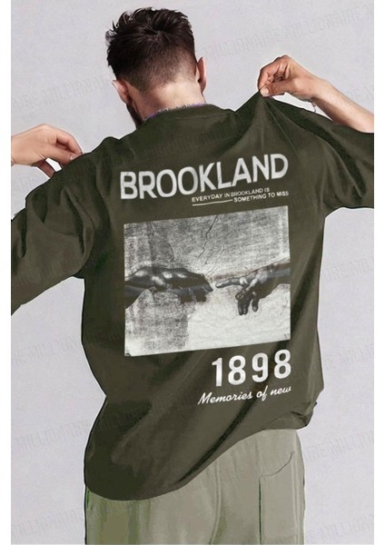 Erkek 1898 Baskılı Haki Oversize Salas T-Shirt