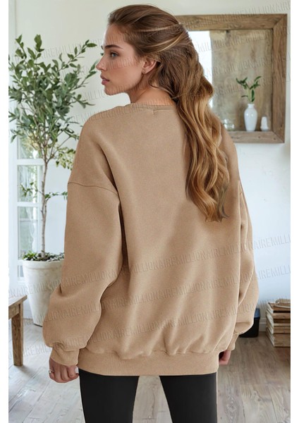 Kadın Camel Basic 0 Sıfır Yaka Baskısız Düz Oversize Salaş Bol Kesim Polar Sweatshirt fiyatları