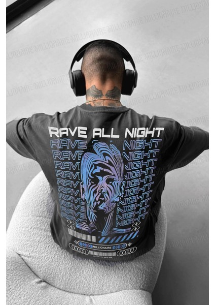 Erkek Füme Rave All Night Oversize Fit Bol Geniş Kalıp Salaş Kesim T-Shirt
