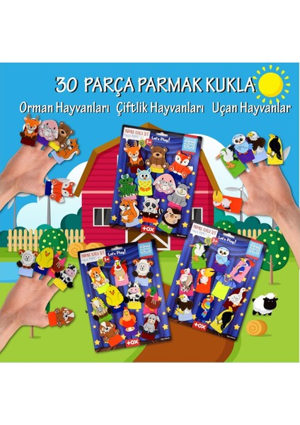 3 Set - 30 Parça Tox Orman, Çiftlik ve Uçan Hayvanlar Parmak Kukla T220 T218 T222