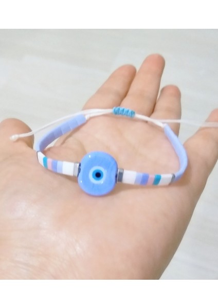 Gümüş Renk Hematit Doğaltaşlı Açık Mavi Murano Cam Nazar Boncuklu Miyuki Tila Bileklik fırsatları