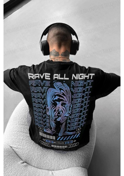 Erkek Siyah Rave All Night Oversize Fit Bol Geniş Kalıp Salaş Kesim T-Shirt
