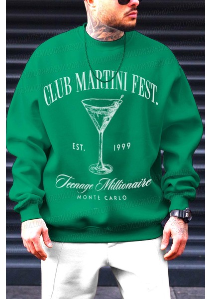 Erkek Yeşil Club Martini Baskılı 0 Sıfır Yaka Oversize Salaş Bol Kesim Polar Sweatshirt