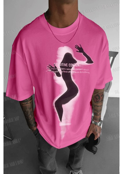 Erkek Fuşya Siluet Sensitive Content Oversize Fit Bol Geniş Kalıp Salaş Kesim T-Shirt