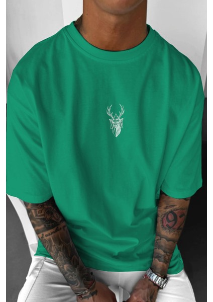 Erkek Yeşil Geyik Baskılı Oversize Fit Bol Geniş Kalıp Salaş Kesim T-Shirt