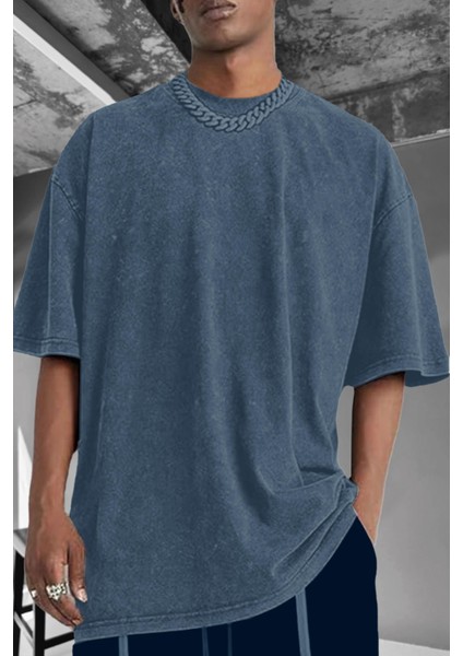 Erkek Mavi Oversize Asit Yıkamalı Eskitme Efektli Boyalı T-Shirt