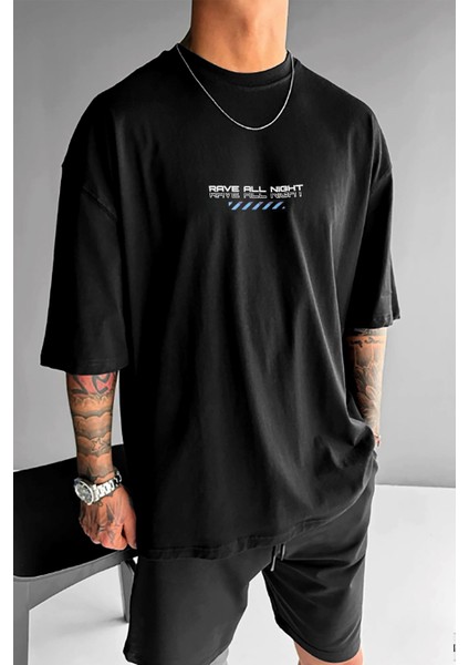 Erkek Siyah Rave All Night Oversize Fit Bol Geniş Kalıp Salaş Kesim T-Shirt fiyatları