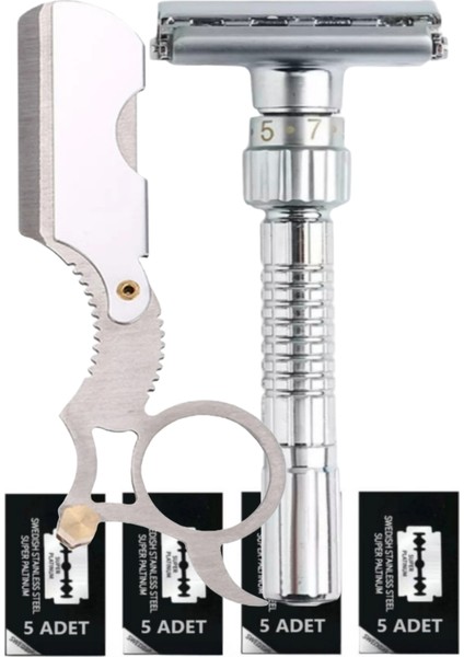 Shave Q8 Ayarlanabilir Manuel Tıraş Makinesi + U4 Full Metal Ustura + 20'li Platinum Yaprak Jilet